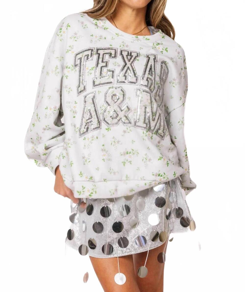 NEW QUEEN OF SPARKLES licensed texas a&m floral initial sweatshirt in white mult